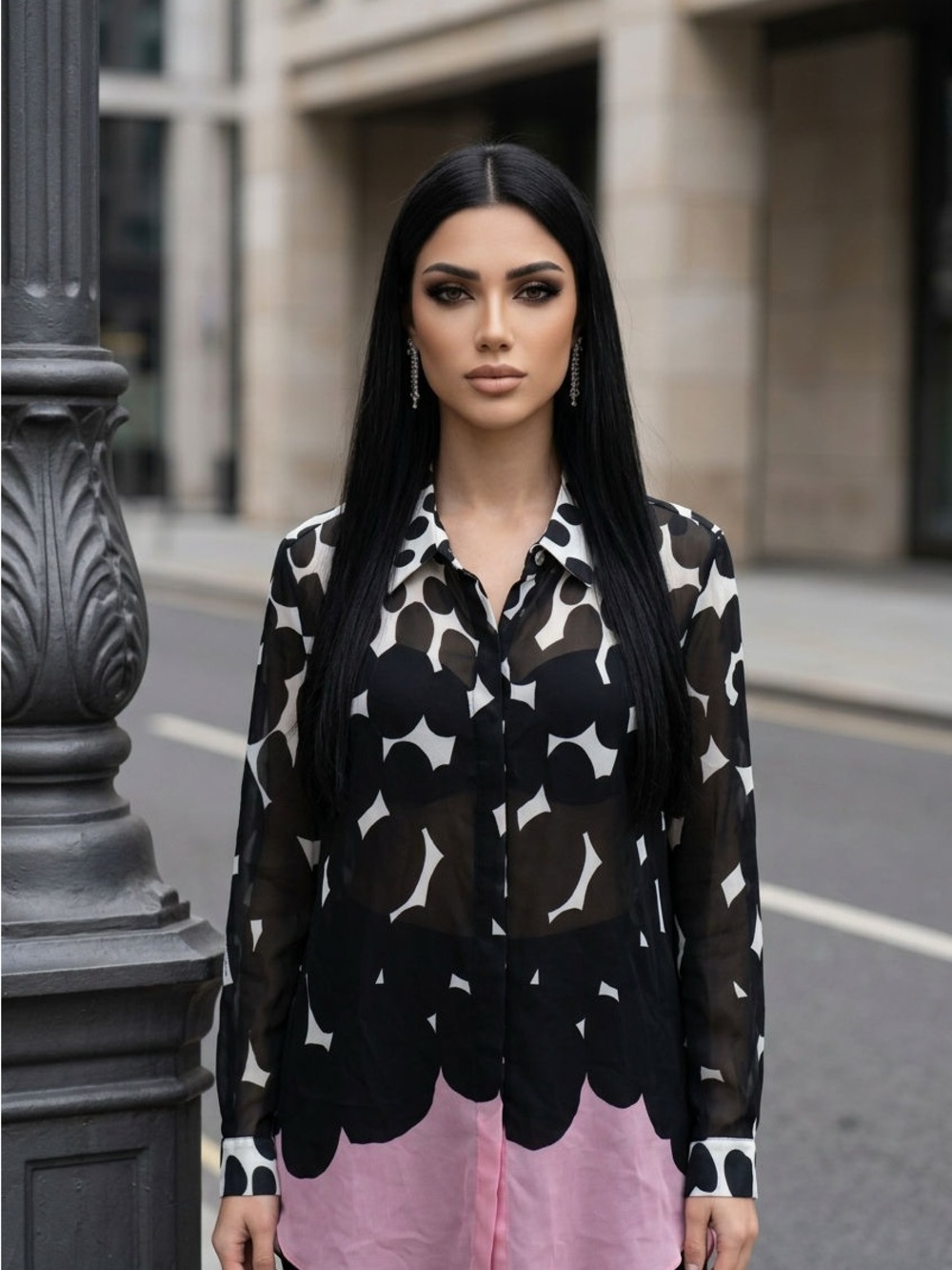 Yukiko Black & Pink Abstract Sheer Button-Up Blouse
